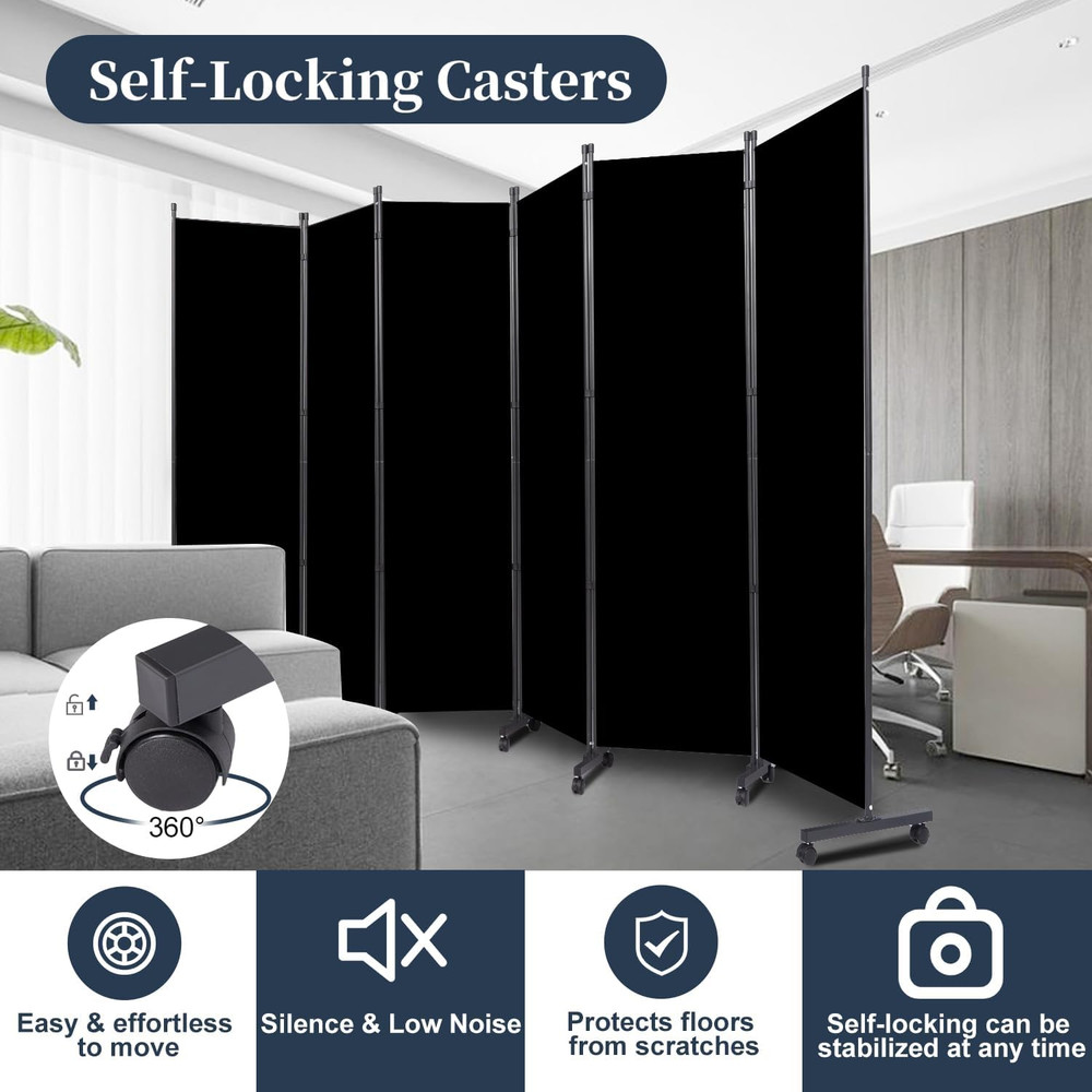 Folding Room Divider with Lockable Wheels, 132'' Freestanding Privacy Screen