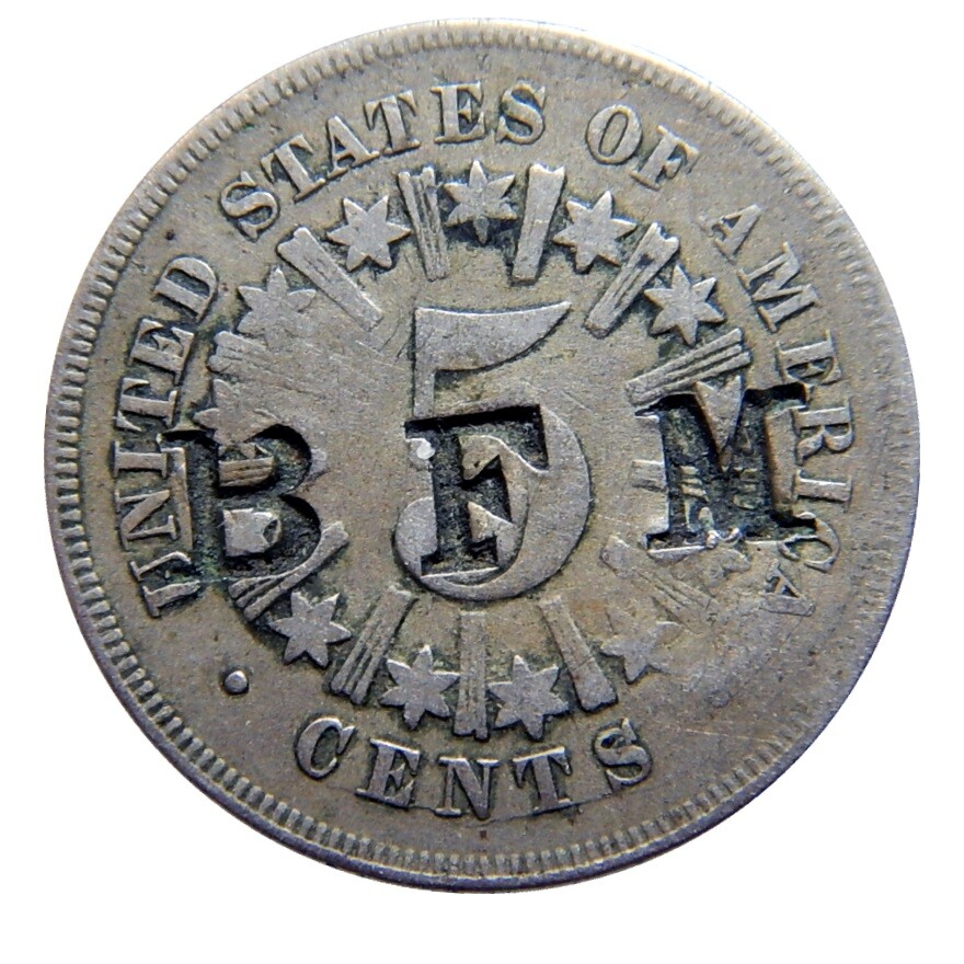 Shield nickel 1866 with rays counterstamp BFM