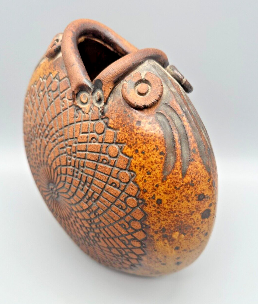 Brown Earthenware Vase Two Fish Geometric Design Unique 8.5” Diameter