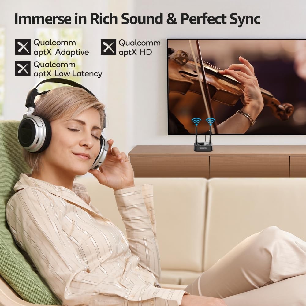 B06TX+ Long Range Bluetooth 5.3 Transmitter for TV/PC/Projector to 2 Wireless...