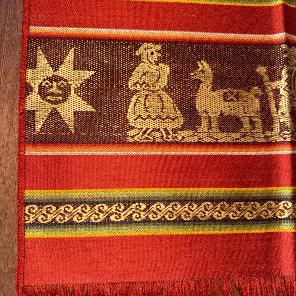 Andean Peruvian Handmade Textile Table Runner, Scarf 20X 66”, Alpacas Rust Red