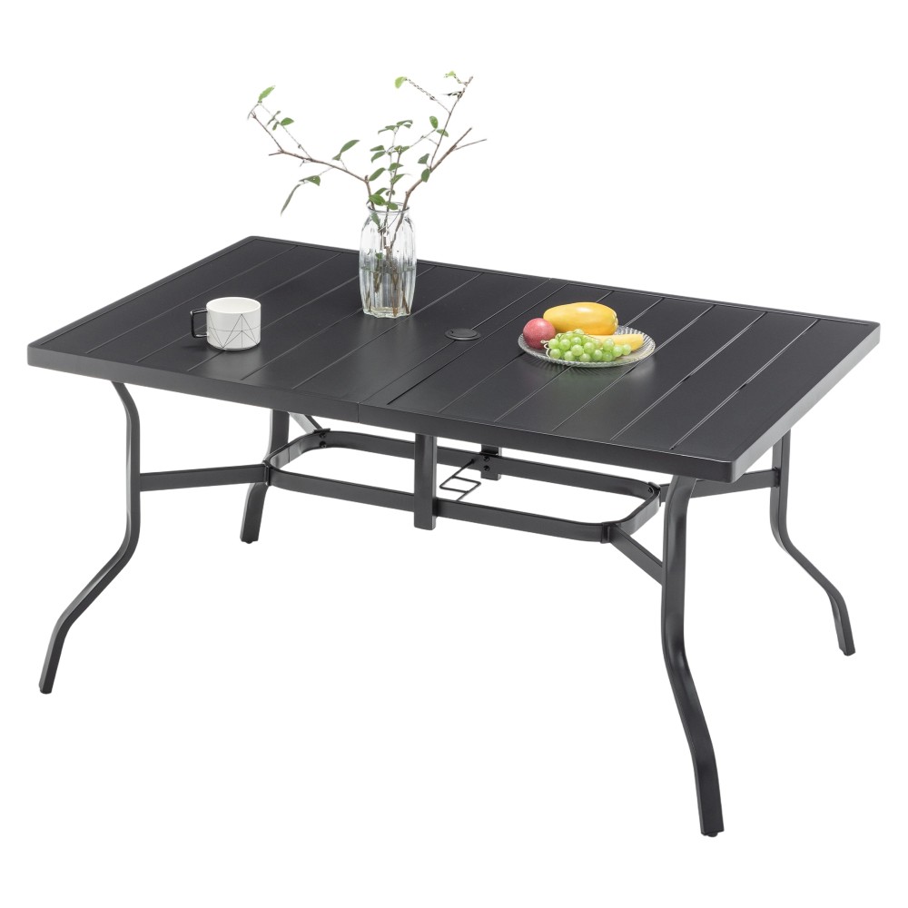 Rectangular Metal Patio Dining Table with Umbrella Hole Anti Slip Pads