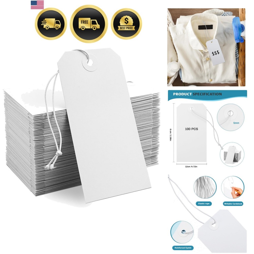 100 Pack White Shipping Tags with Elastic String Blank Labeling Tags with Str...