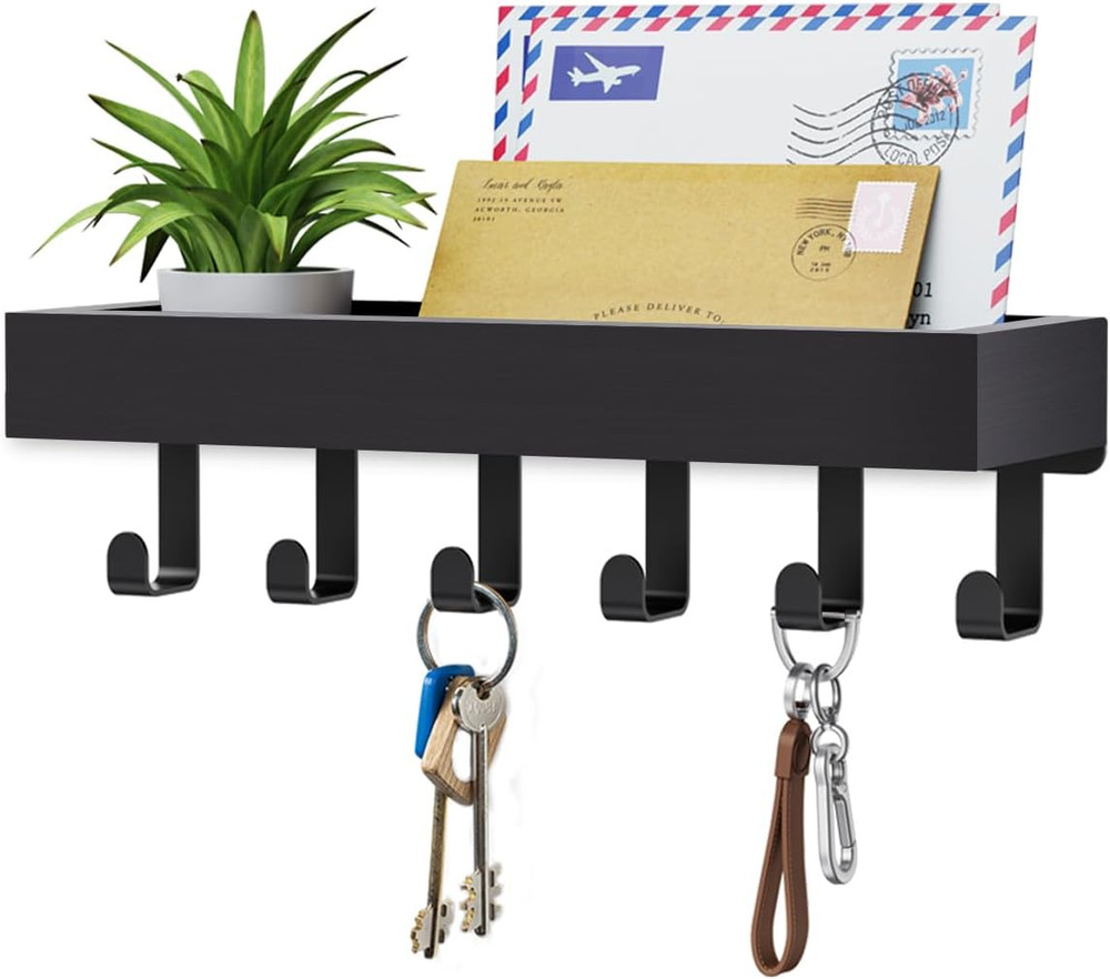 Magnetic Key Holder Wall Mount - Adhesive Key Hooks with Mail Organizer, Black
