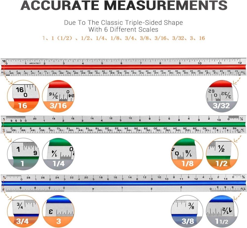 12" Aluminum Architecture Scale Ruler Triangular Engineer Drafting Tool Preci...