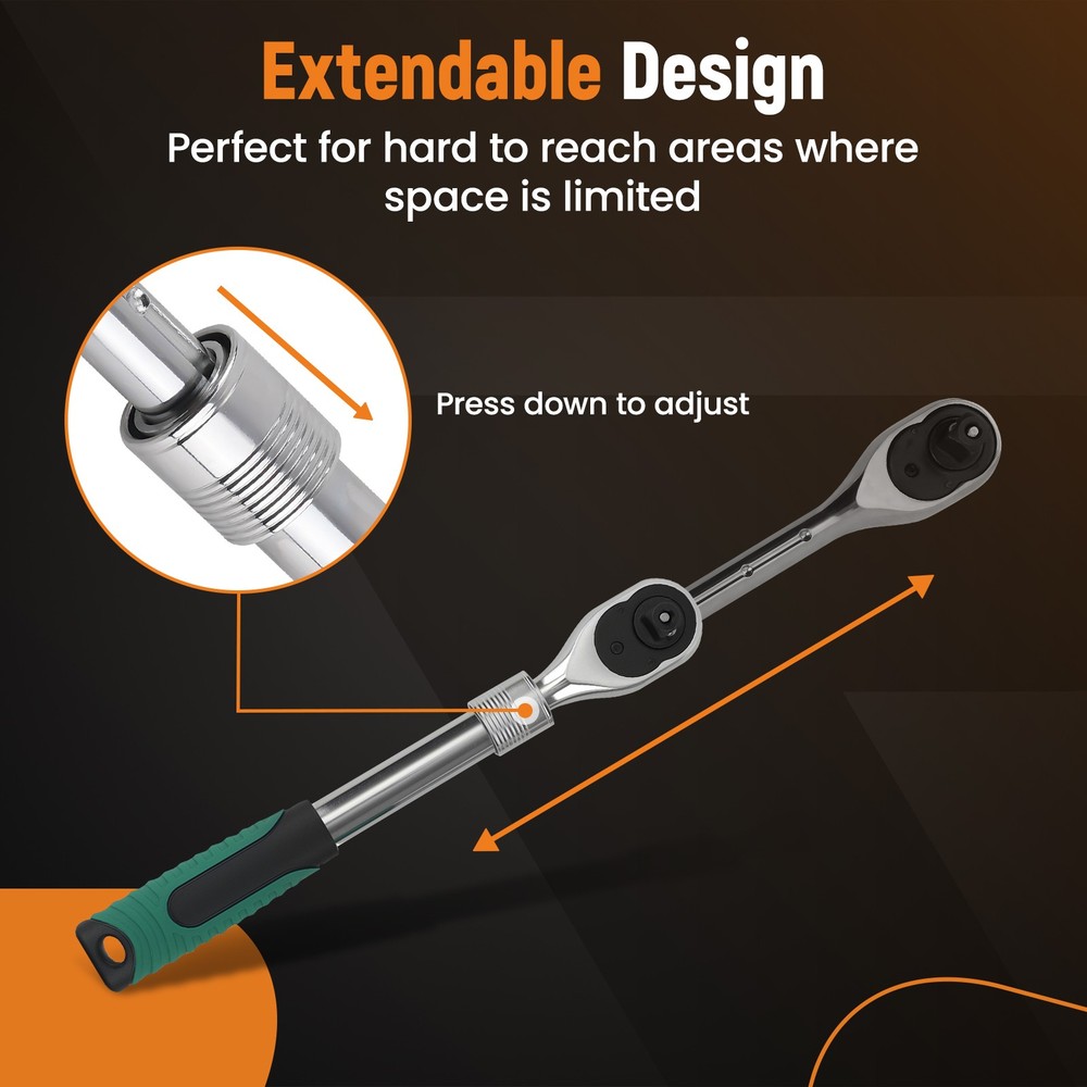 Professional Socket Wrench Set 3PC Extendable Handle 72-Tooth Mechanic Tools