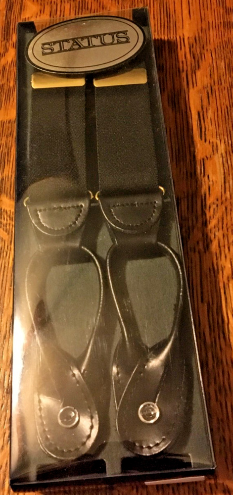 STATUS MEN'S BLACK BUTTON 1 1/4" SUSPENDERS -LEATHER BUTTON ENDS-ADJUSTABLE