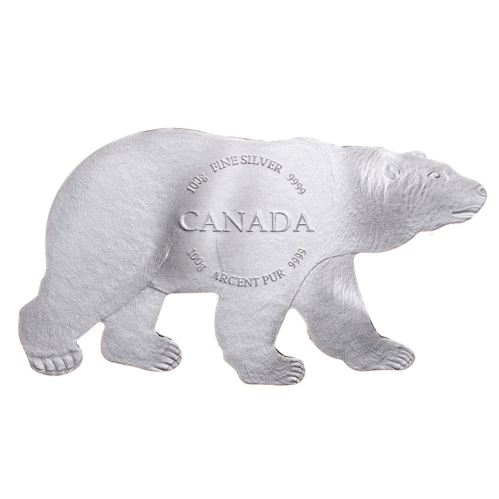 Real Shape Iconic Canada - 100 Grams 3.215 oz Fine Silver Polar Bear