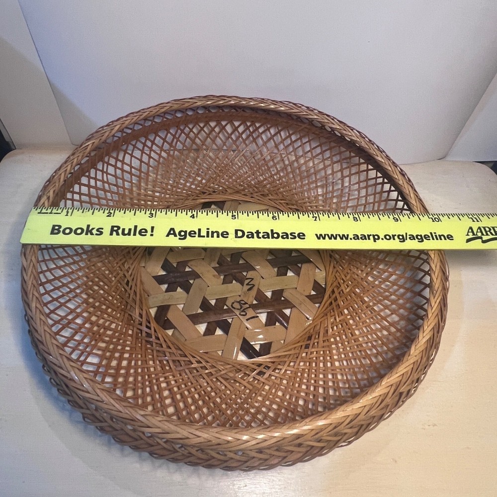 Handwoven Wicker Basket With Interlaced Base 14" Diameter Decorative Vintage...
