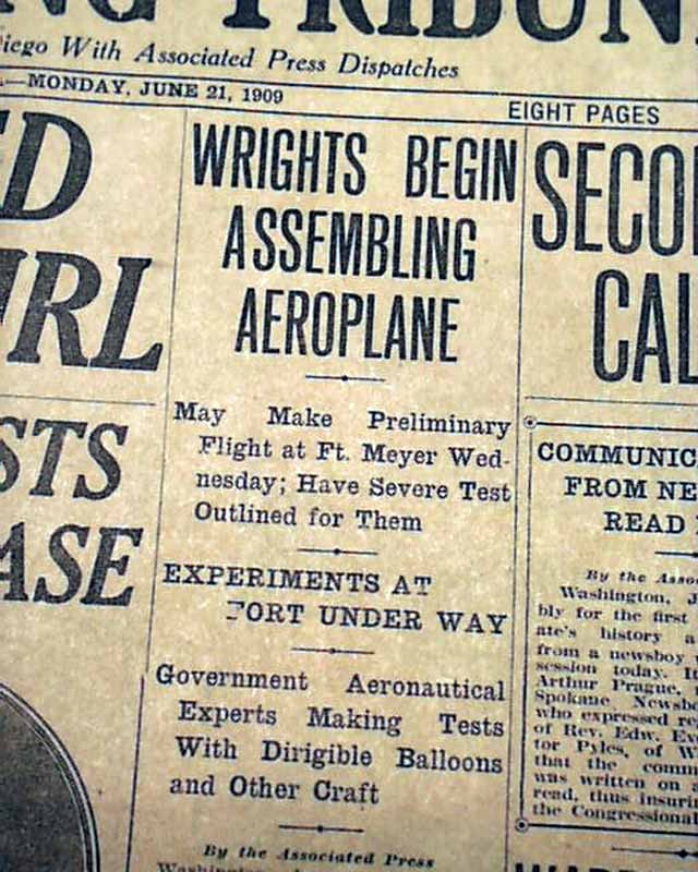 Orville WRIGHT BROTHERS Airplanes Aviators Fort Meyer Flight Tests '09 Newspaper