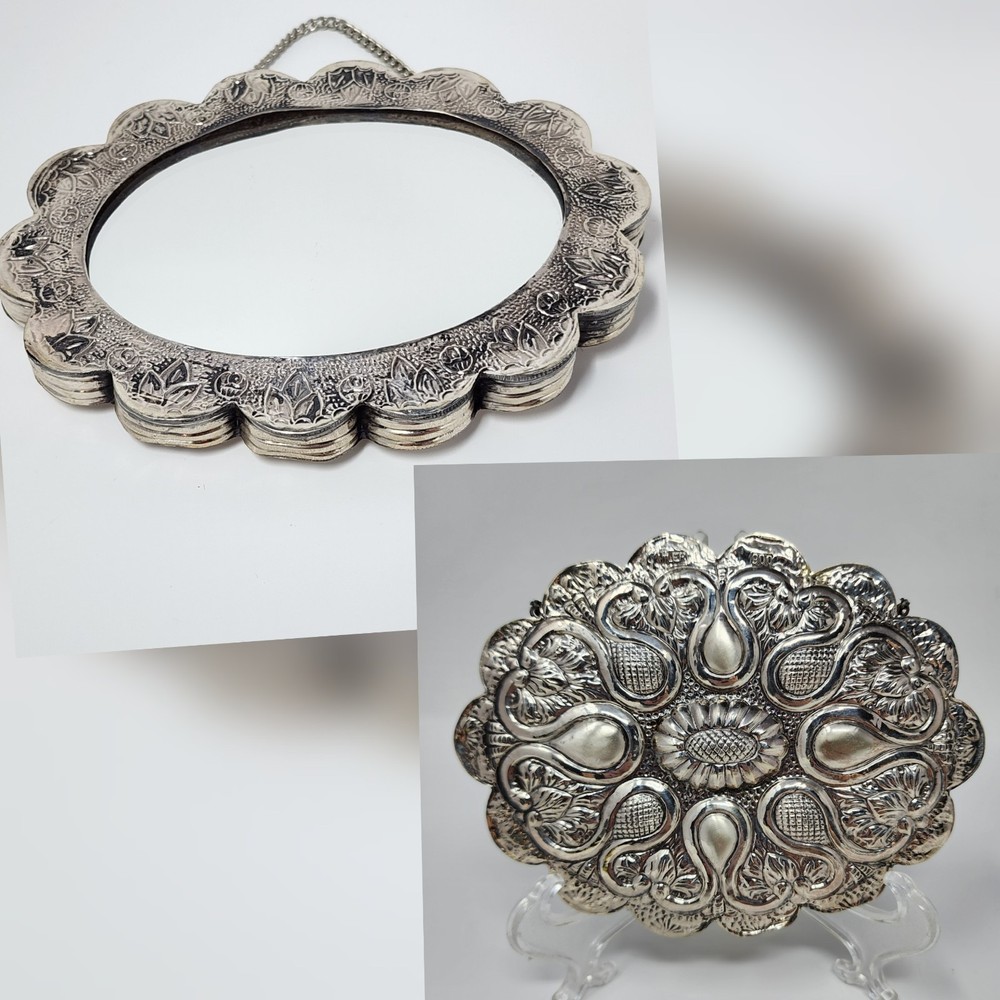 Ornate Silver Hanging Mirror Decorative Wall Accent Vintage 235g