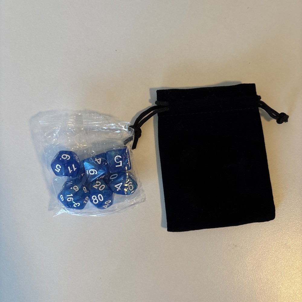 7 Piece Polyhedral Dice Set Blue Marble  With Gold Numbers D&D RPG