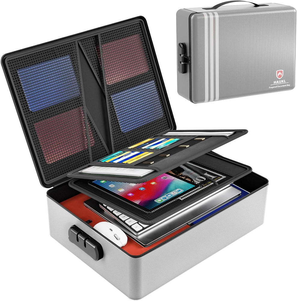 Fireproof Document Box with Lock, Hard Case Files Safe Organizer, 8-Layer Firepr