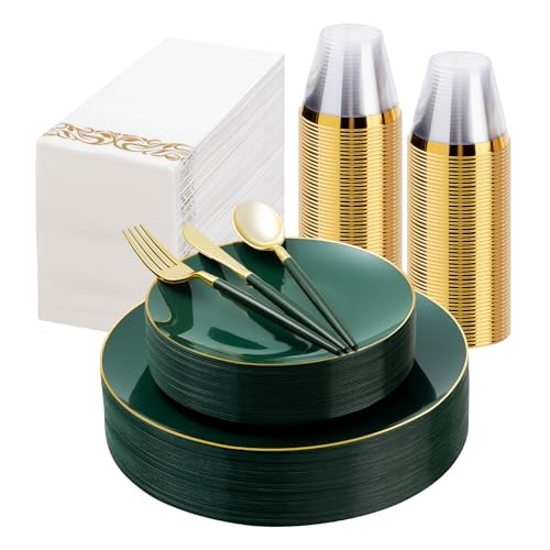 175 Pieces Gold Plastic Dinnerware Set, Gold Disposable Plates for 25 Green