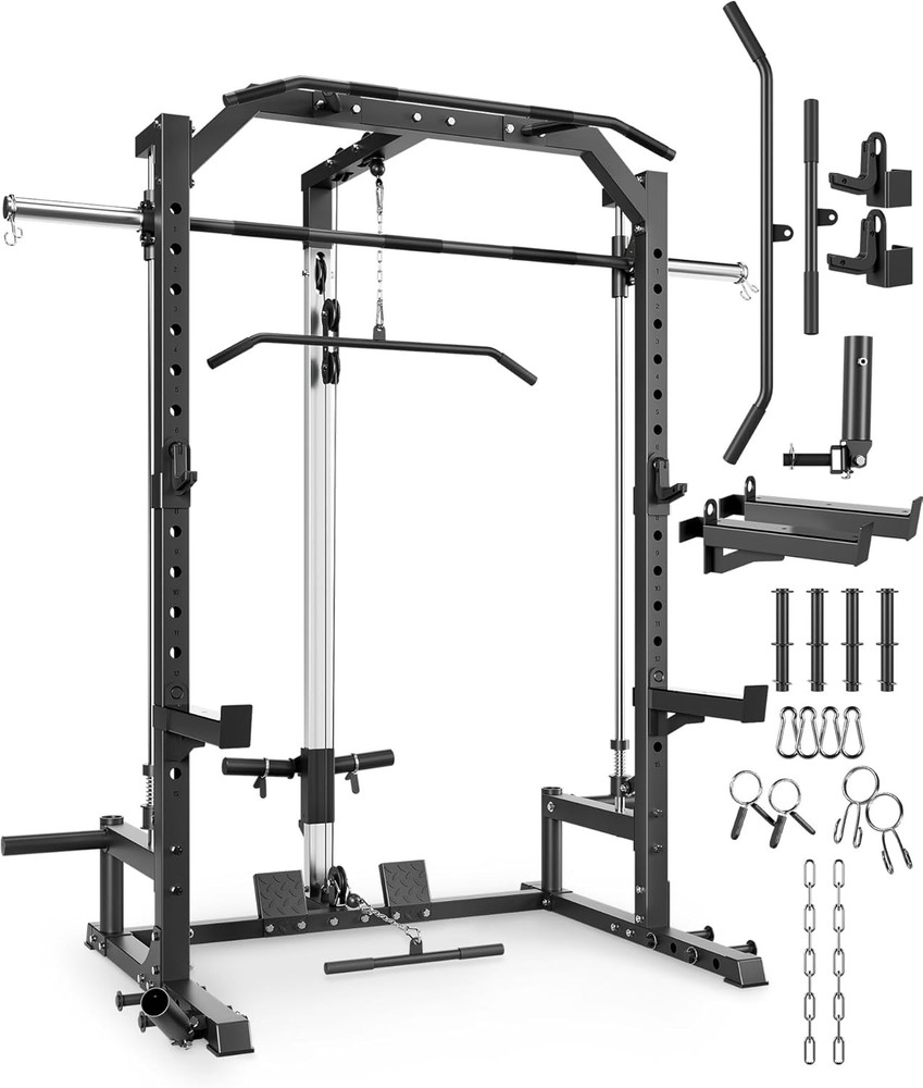 Multi-Functional Smith Machine Home Gym W Barbell Bar Cable System LAT Pulldown