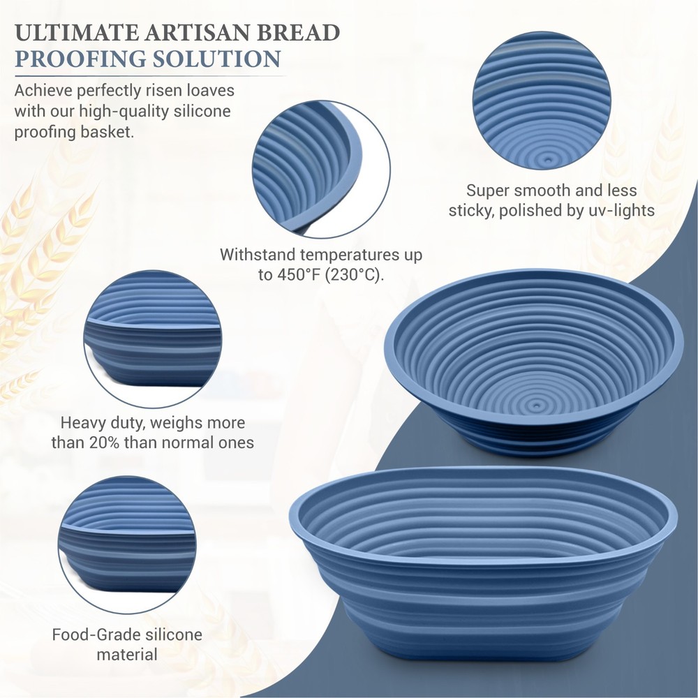 Premium Silicone Sourdough Bread Proofing & Baking Basket Set - Includes Oval &