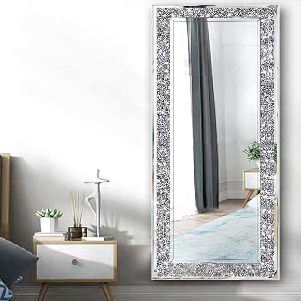 Wall Hanging Rectangle Gorgeous Silver Mirror Crush Crystal Diamond Decor Mirror