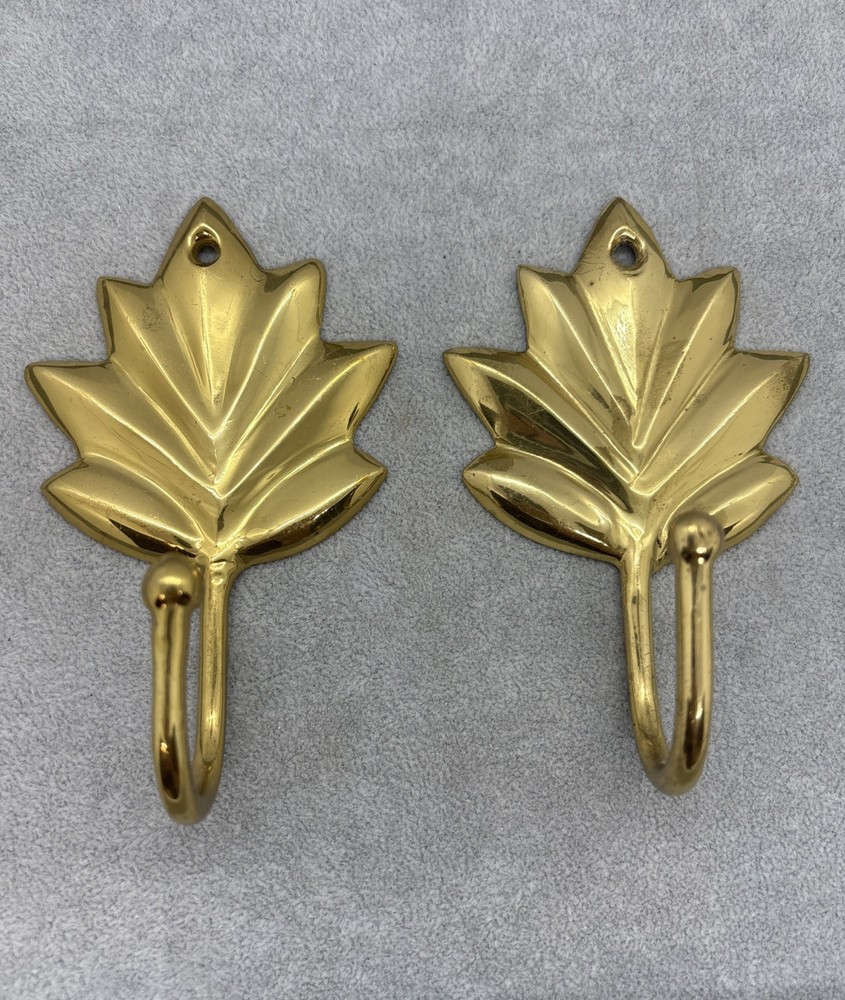 Two Brass Leaf Wall Hangers / Hooks 4-3/4” x3” OA