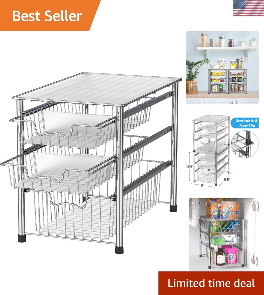Elegant 3-Tier Chrome Stackable Sliding Basket Organizer for Effortless Storage