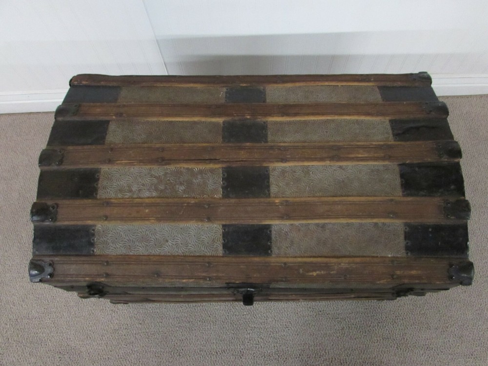 ANTIQUE DOME TOP STEAMER TRUNK, CHEST, EMBOSSED TIN