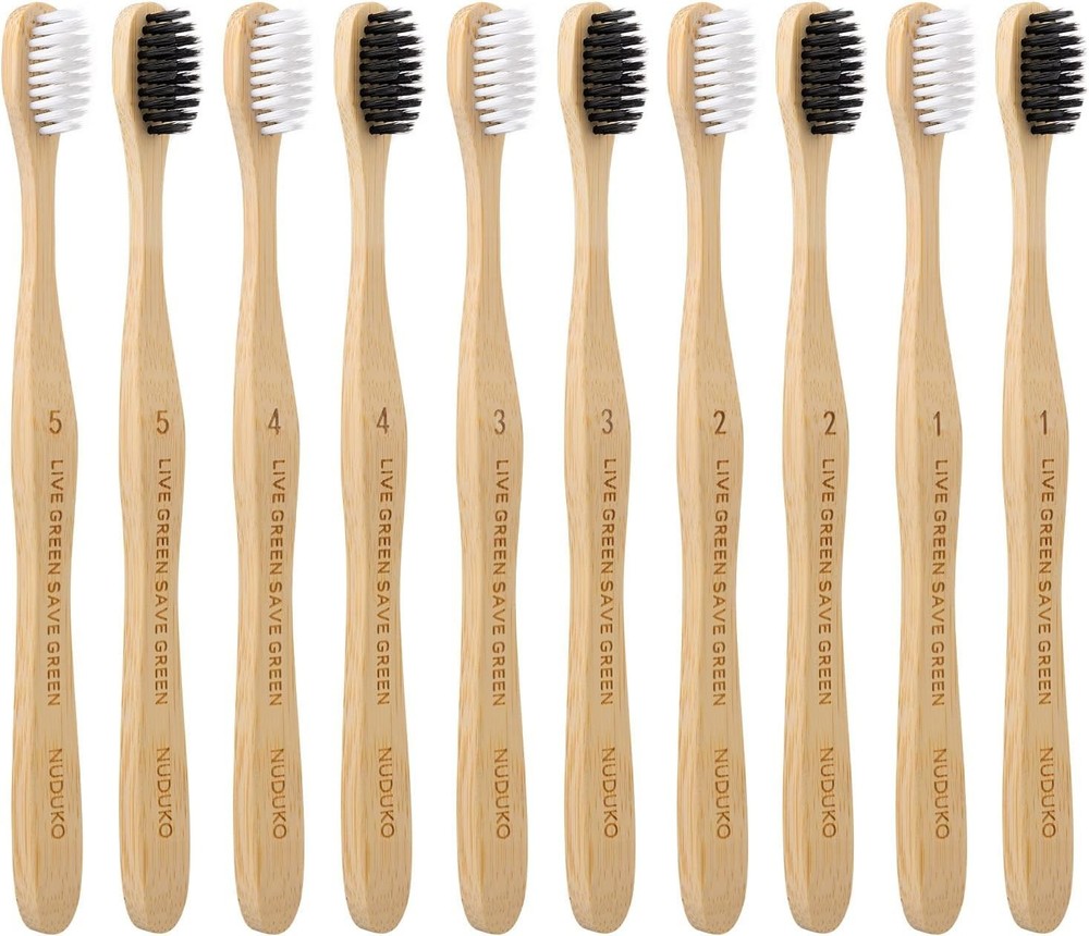10 Pack Bamboo Toothbrushes - Soft Charcoal Bristles, Eco-Friendly & Biodegra...