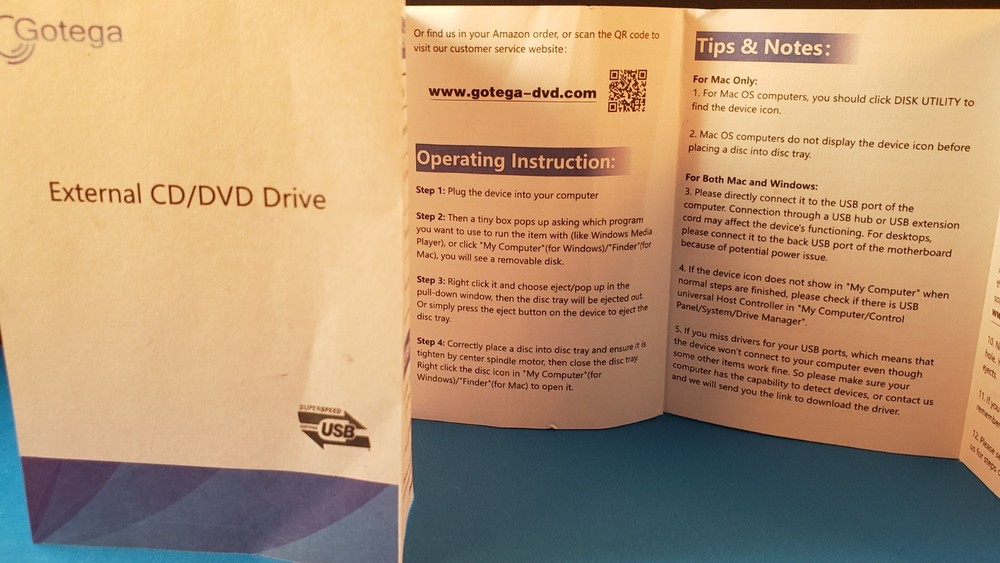 GOTEGA External CD/DVD Drive USER SUPPORT GUIDE Small PAMPHLET Instructions