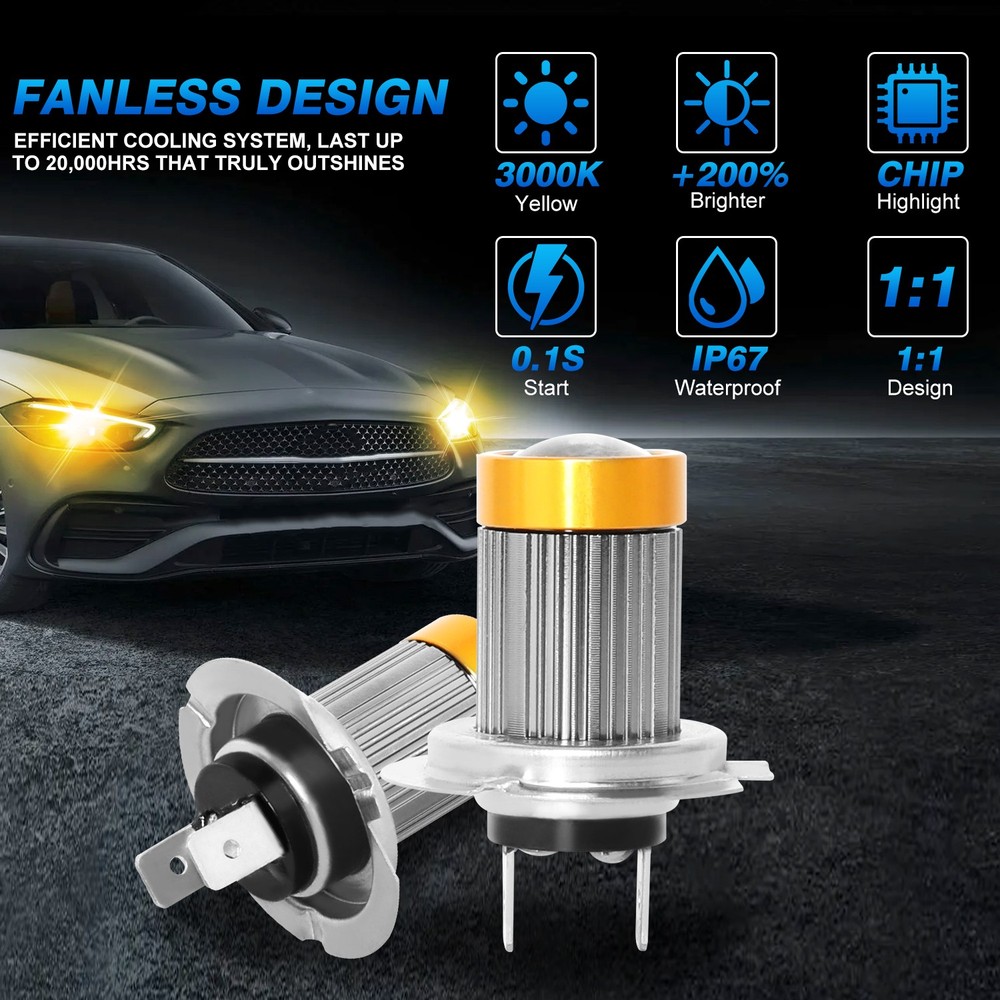 2pcs Error H7 LED Headlight Bulb Hi/Low Bulbs Beam 3000K Yellow Replacement