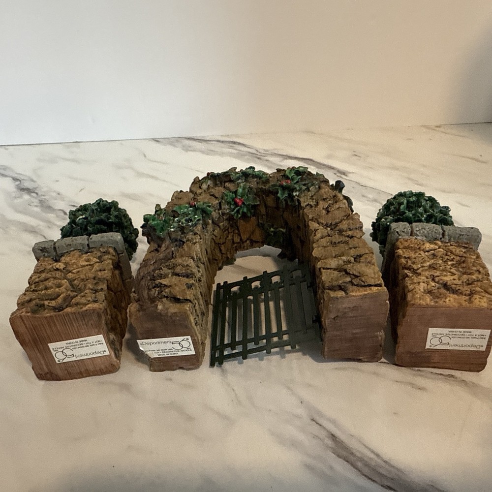 Dept 56 Stone Corner Posts with Holly Tree and Stone Archway Accessory #52648