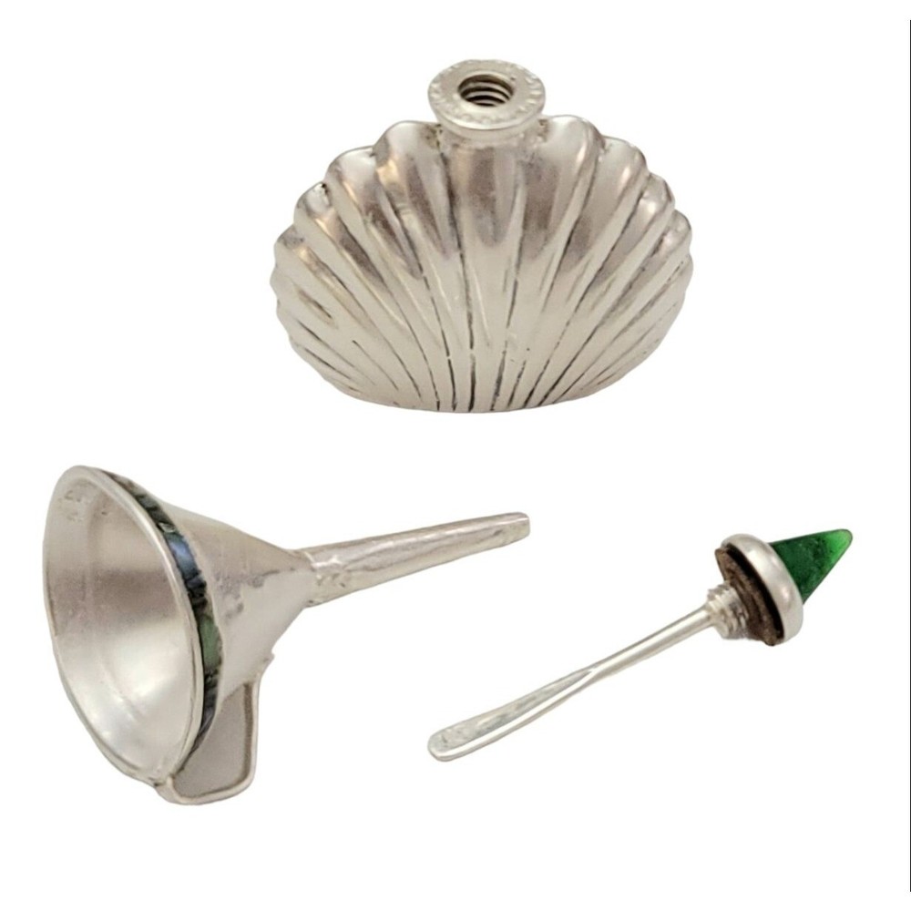 ORMEX Sterling Silver Shell Perfume Bottle Green Stone, Funnel Set, Signed K245