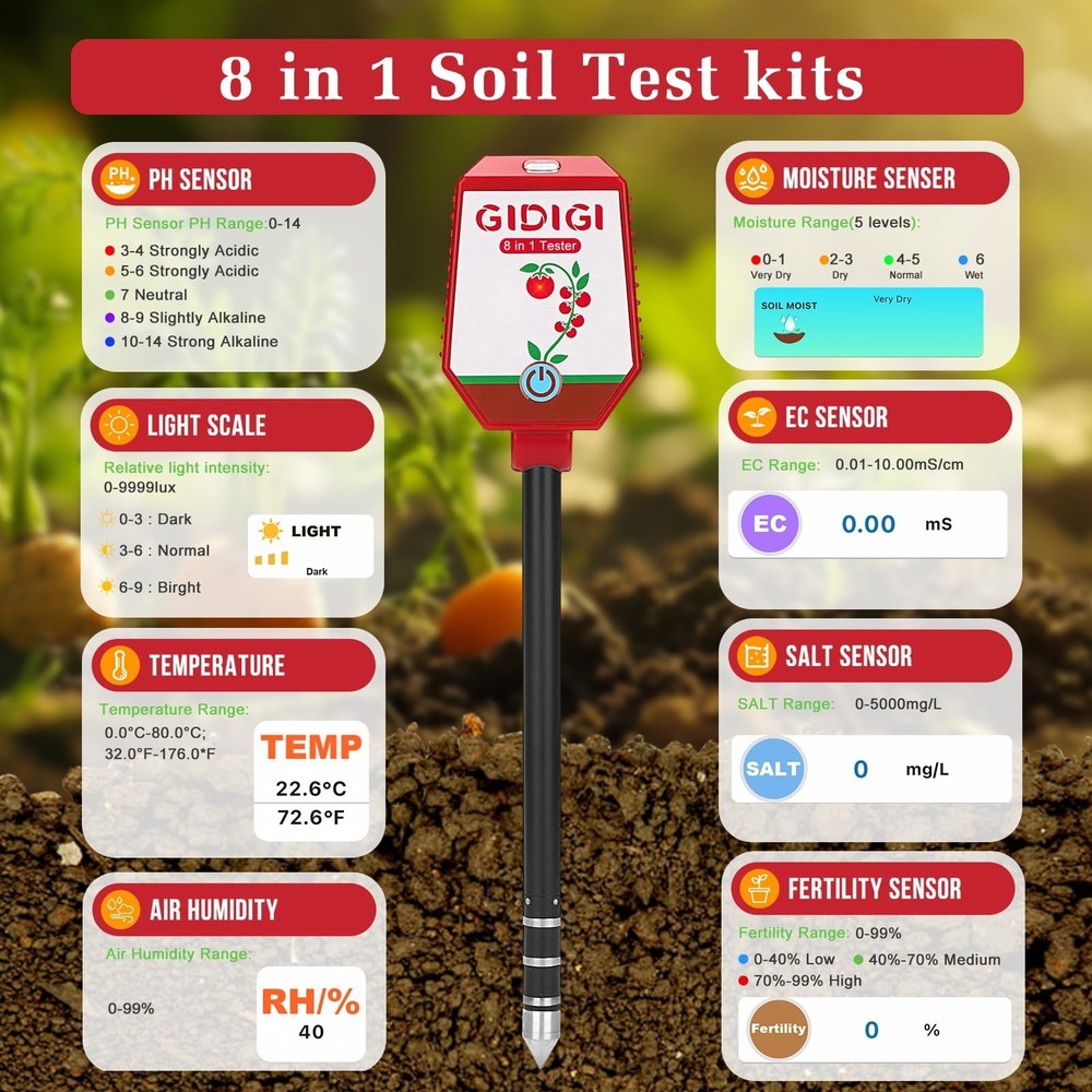 Soil pH Meter Smart Soil Moisture Meter with App Control Digital Soil Test Ki...
