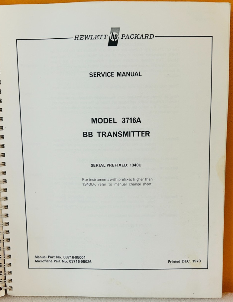HP 03716-95001 1973 Model 3716A BB Transmitter Service Manual.