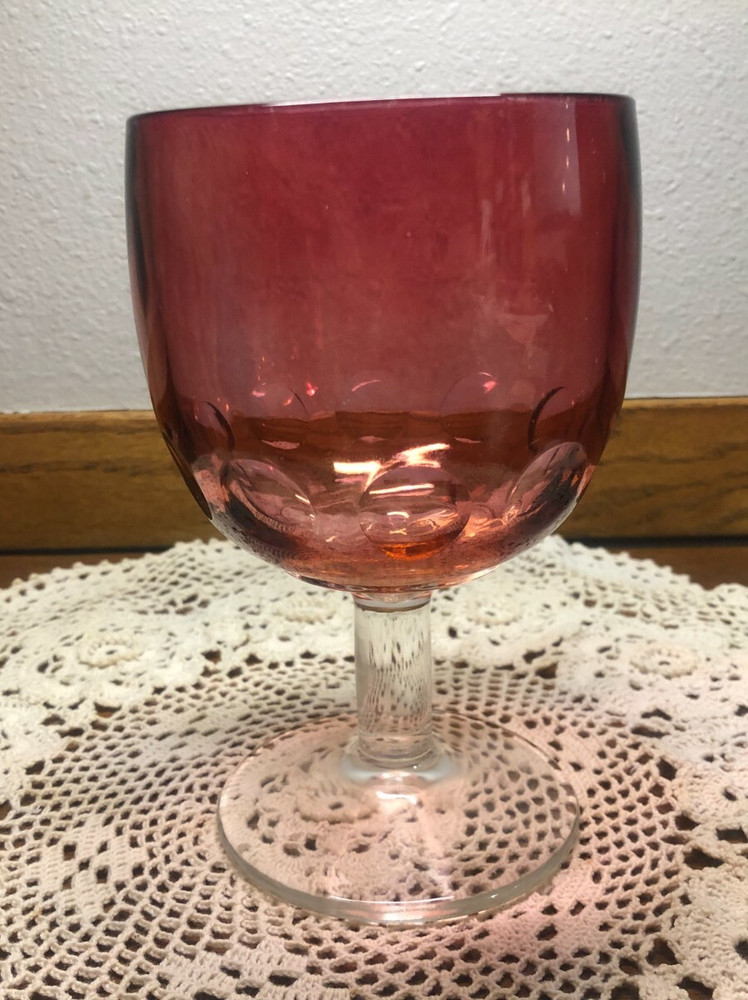 BARTLETT COLLINS VINTAGE FLASHED RUBY RED THUMBPRINT FOOTED STEMMED WINE GOBLET