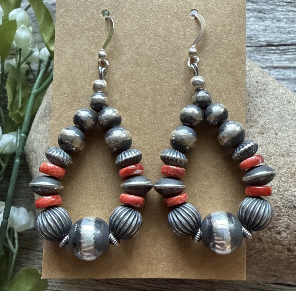 Sterling Silver Red Spiny Oyster Shell W Pearls Bead Loop Earrings. 2.4 Inch