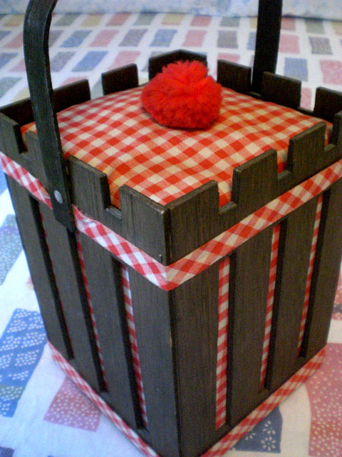 RED CHECKED GINGHAM Sewing Basket and Tools vintage lot