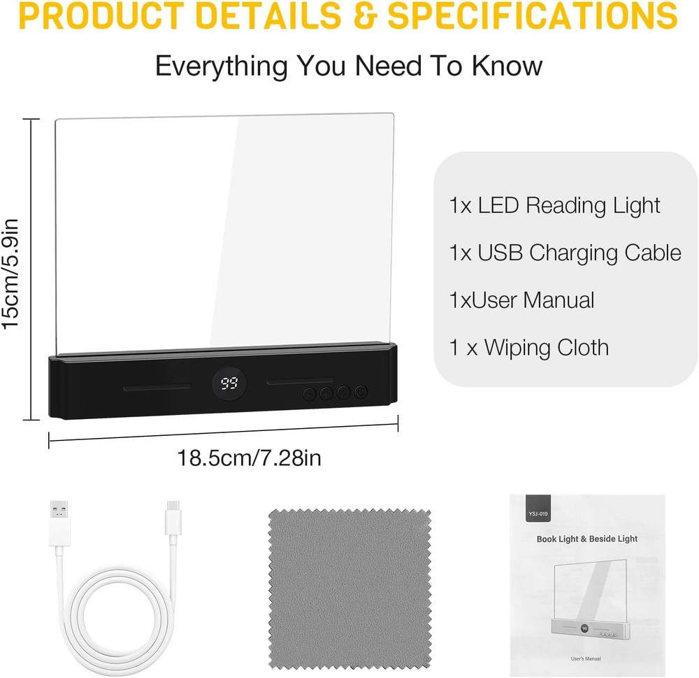 Book Light, Rechargeable Led Reading Light for Book, Clear LED Flat Book Lights