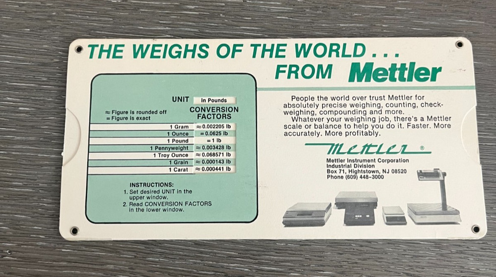 Vintage Mettler Scale Selection Slide Rule Guide