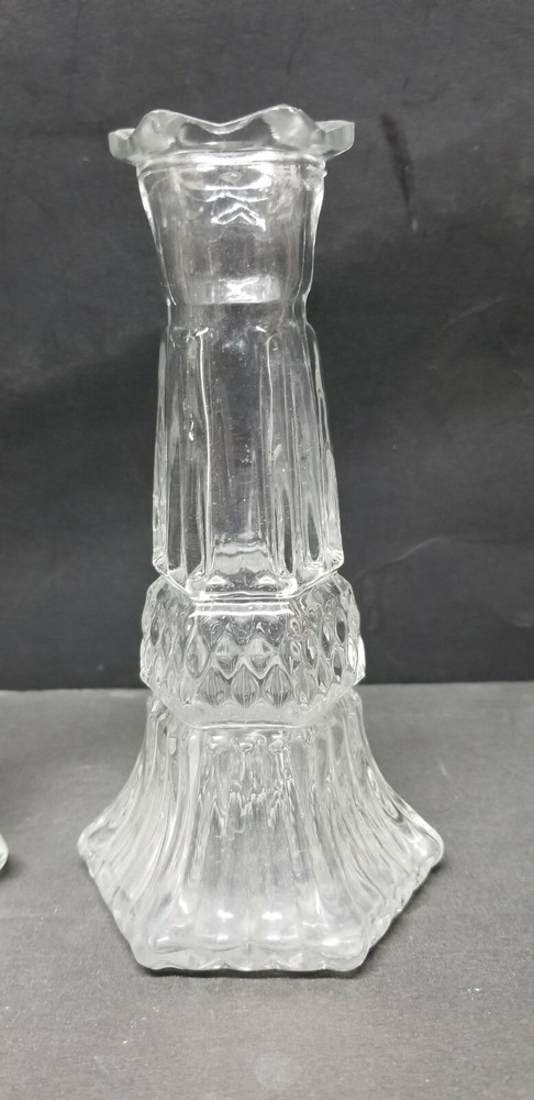 2 MEXICO MADE GLASS PANEL DIAMOND POINT BUD VASES 6 1/8"