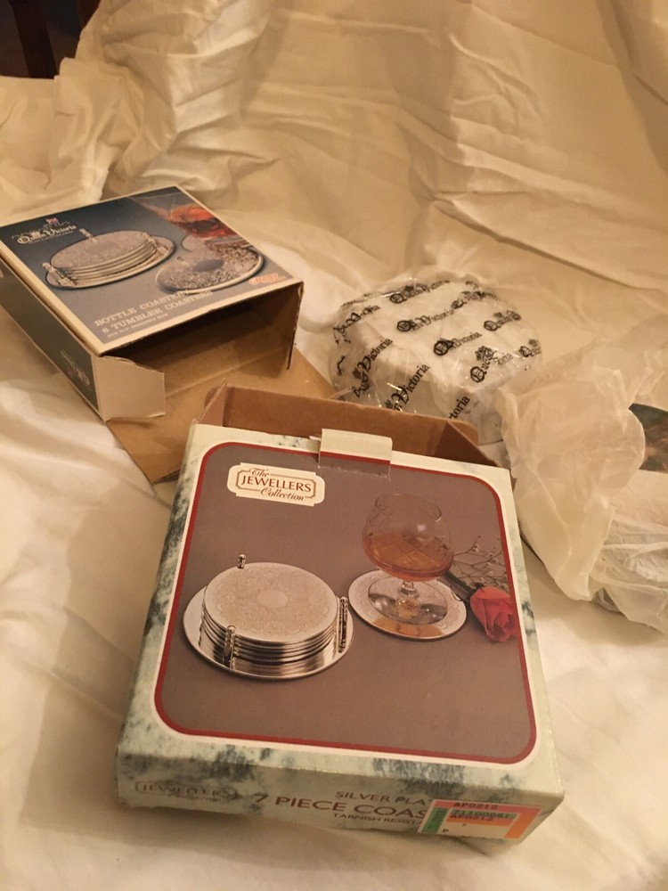 vintage unused silver plated coasters x 2 boxes regency and others tarnished