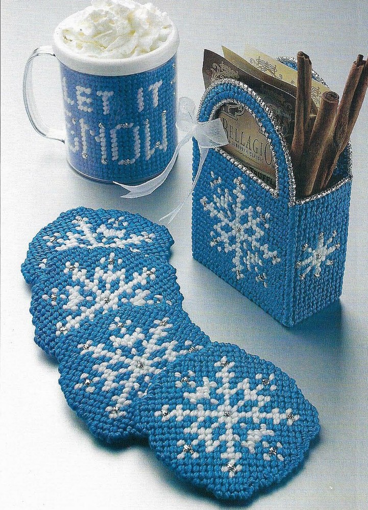 HOT CHOCOLATE SET SNOWFLAKE COASTERS & TOTE PLASTIC CANVAS PATTERN INSTRUCTIONS