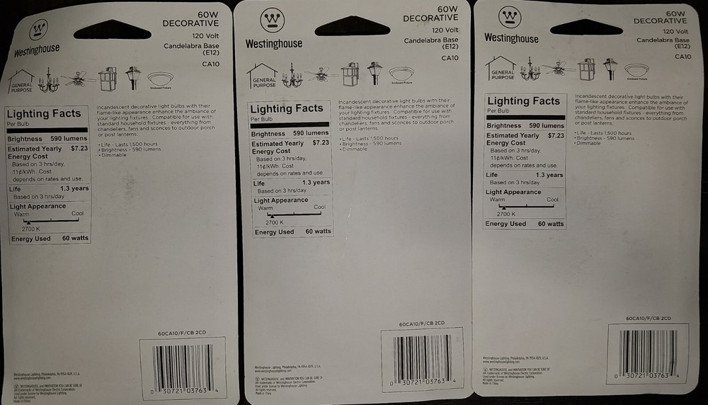 New 6ct Westinghouse 60W Decorative Frosted Flame Tip Light Bulb E12 Base