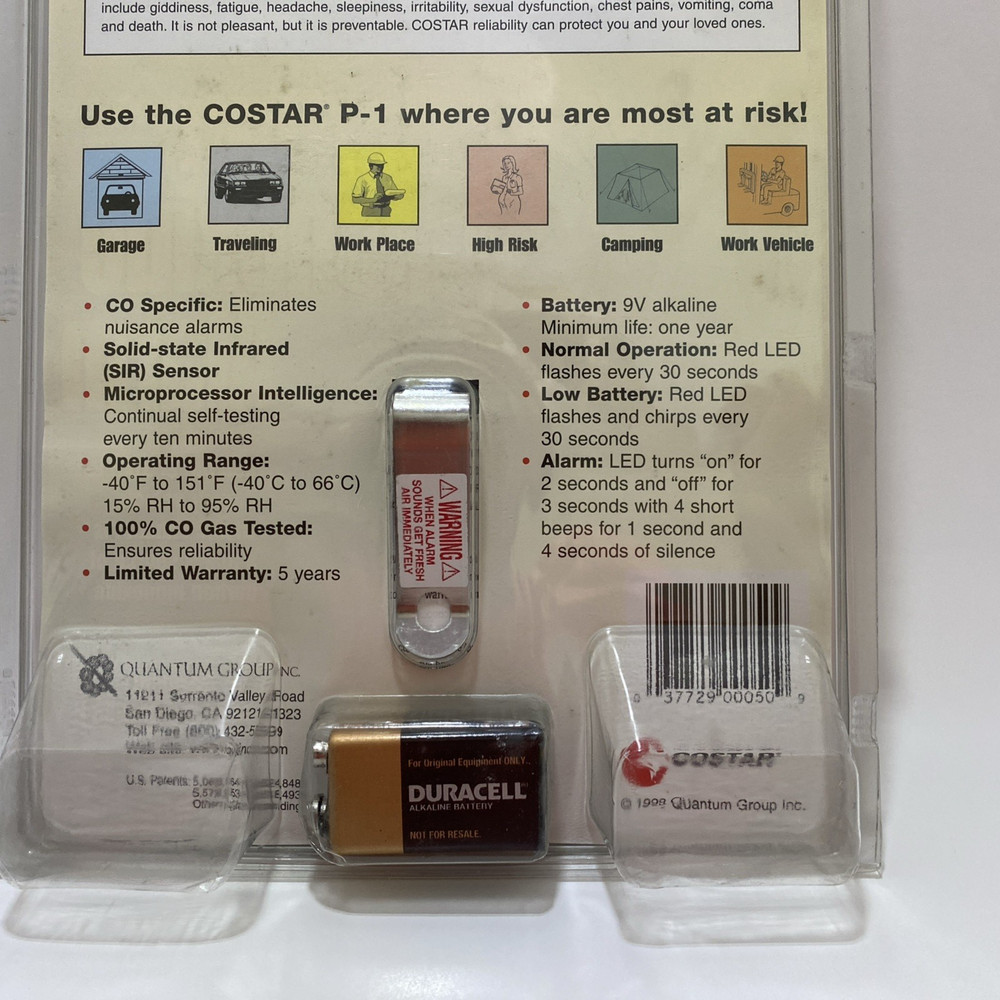 COSTAR Personal Carbon Monoxide Alarm Model P-1