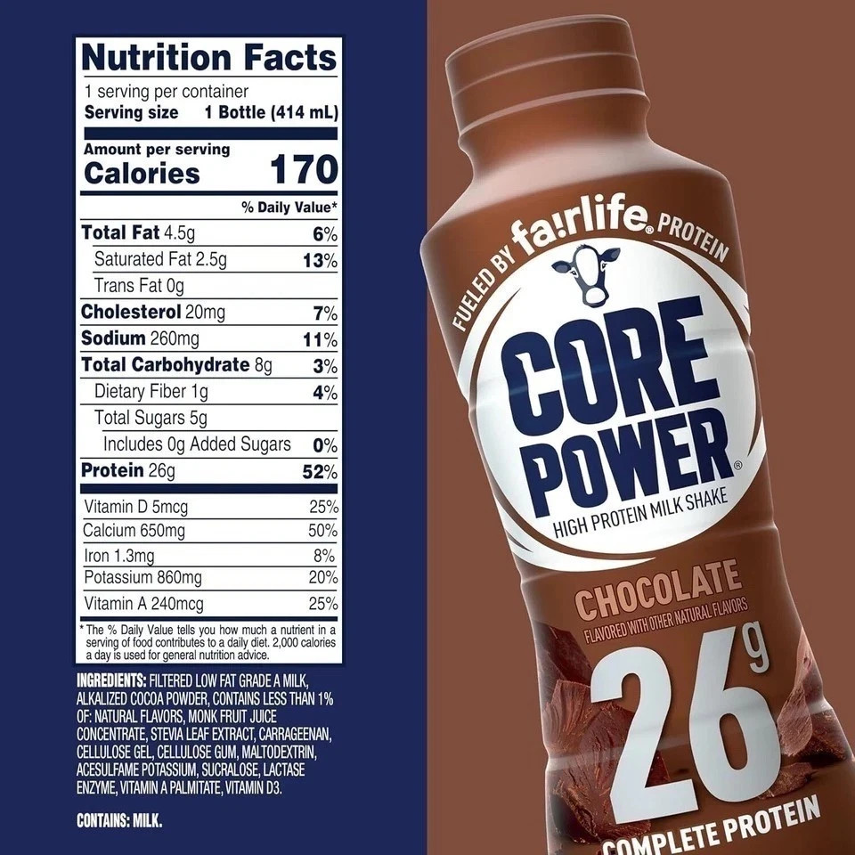Core Power Protein Shake, Chocolate, 26g Bottle, 14oz, 12 Pack