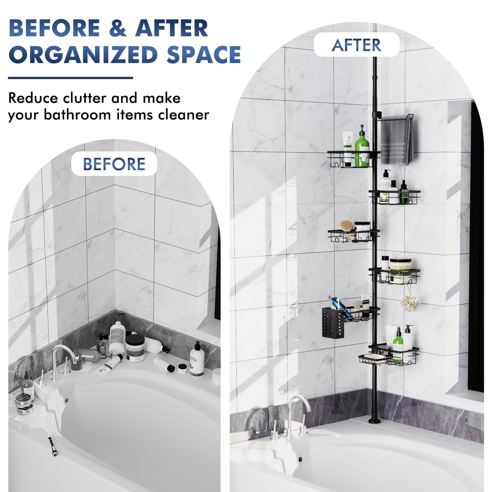 7-Tier Shower Caddy Organizer Tension Pole, Rustproof Corner Shelf for Bathroom
