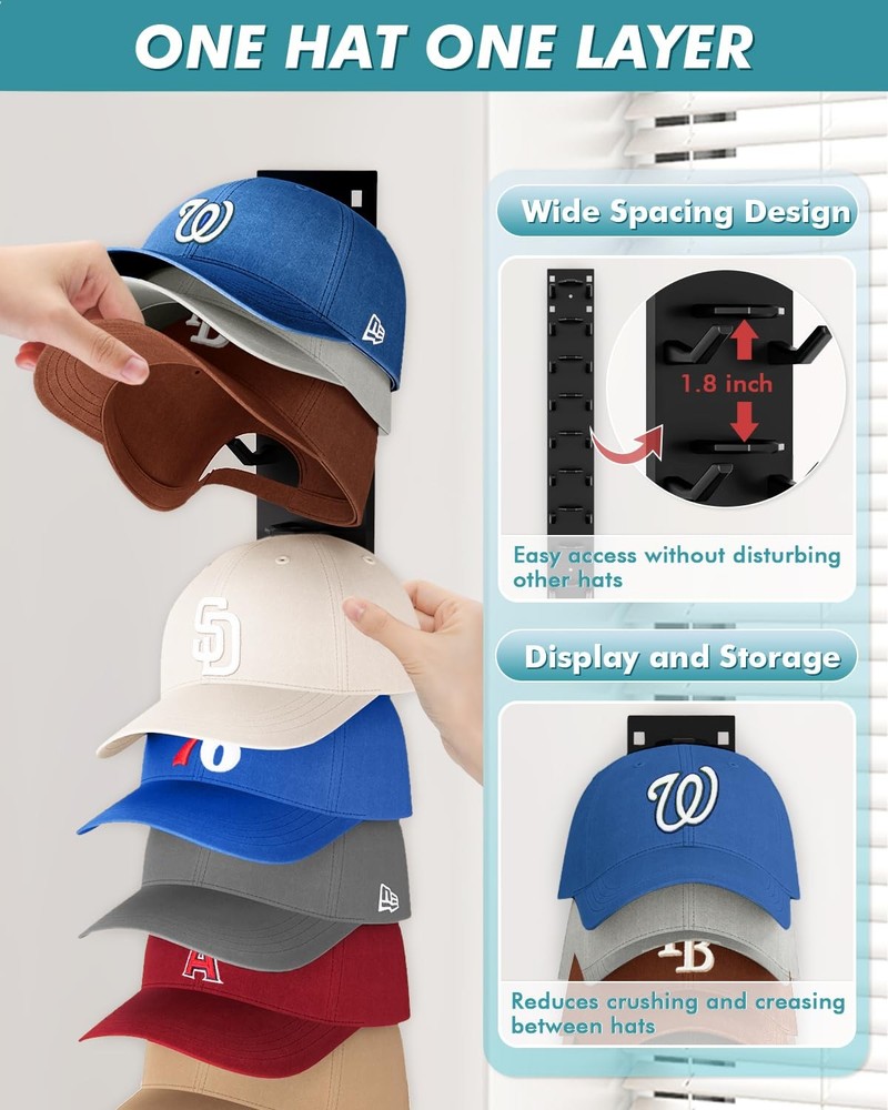 Hat Organizer for Baseball Caps (2-Pack), Strong Adhesive Hat Rack for Wall, ...