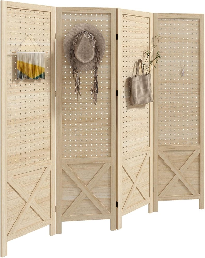 4 Panel Pegboard Display Room Divider 4.7' Tall Wood Folding Privacy Screen