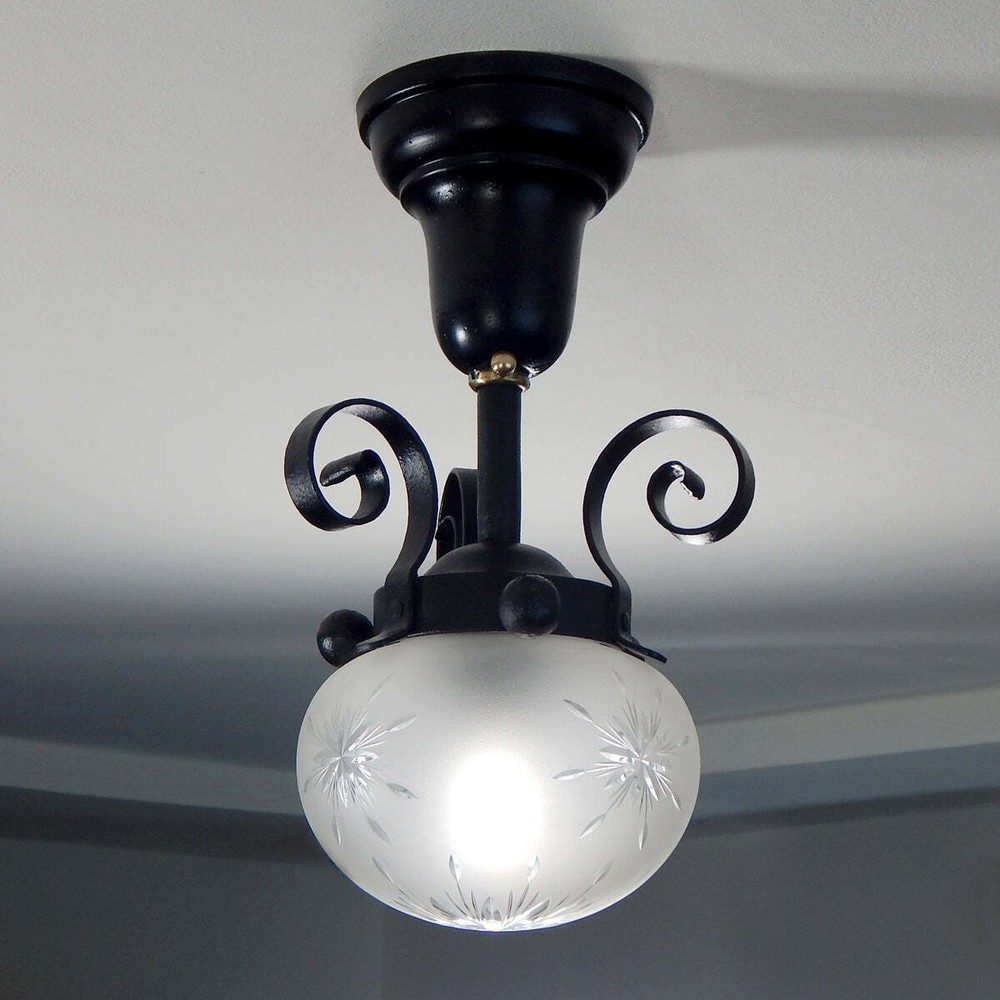 Restored Antique Iron Semi-Flush Ceiling Light Fixture