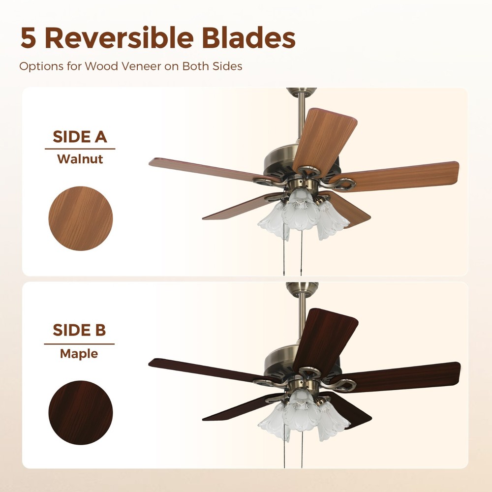 42'' Ceiling Fan with Light Ceiling Fan Light Kit 5 Blades 3 Speeds Pull Chain