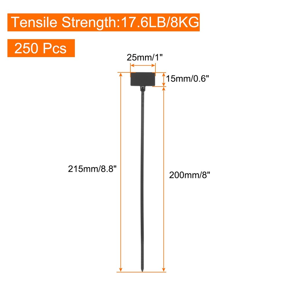 250pcs Marker Cable Zip Ties, 8 Inch Self-Locking Labels Zip Tie Wraps,Black