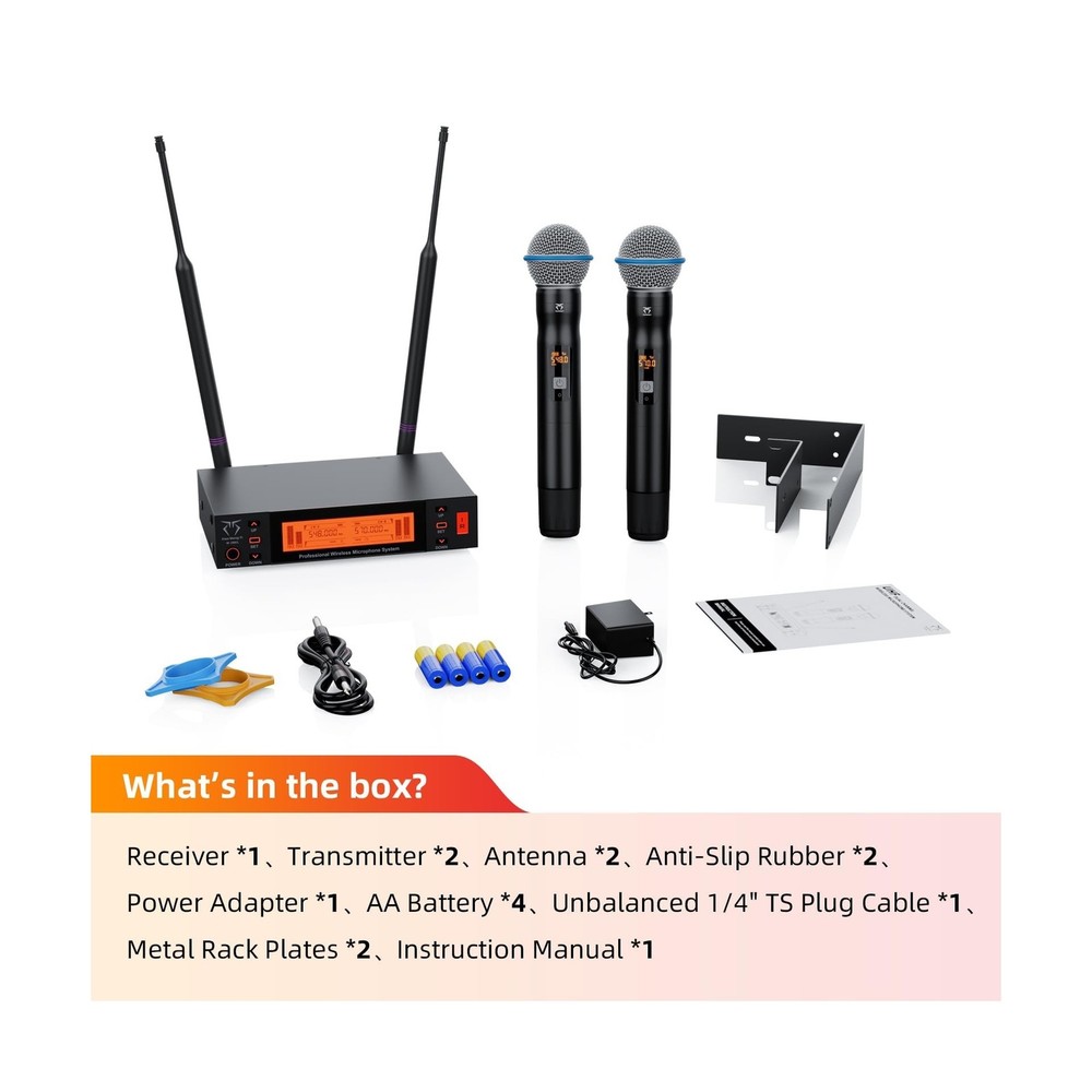 Dual Channel Wireless Microphone System, 2 Handheld Dynamic Mic, 200 UHF Freq...
