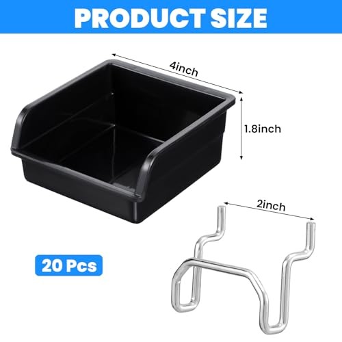 20 Pack Pegboard Bins With Metal Hooks, Black Pegboard Storage Bins, Pegboard